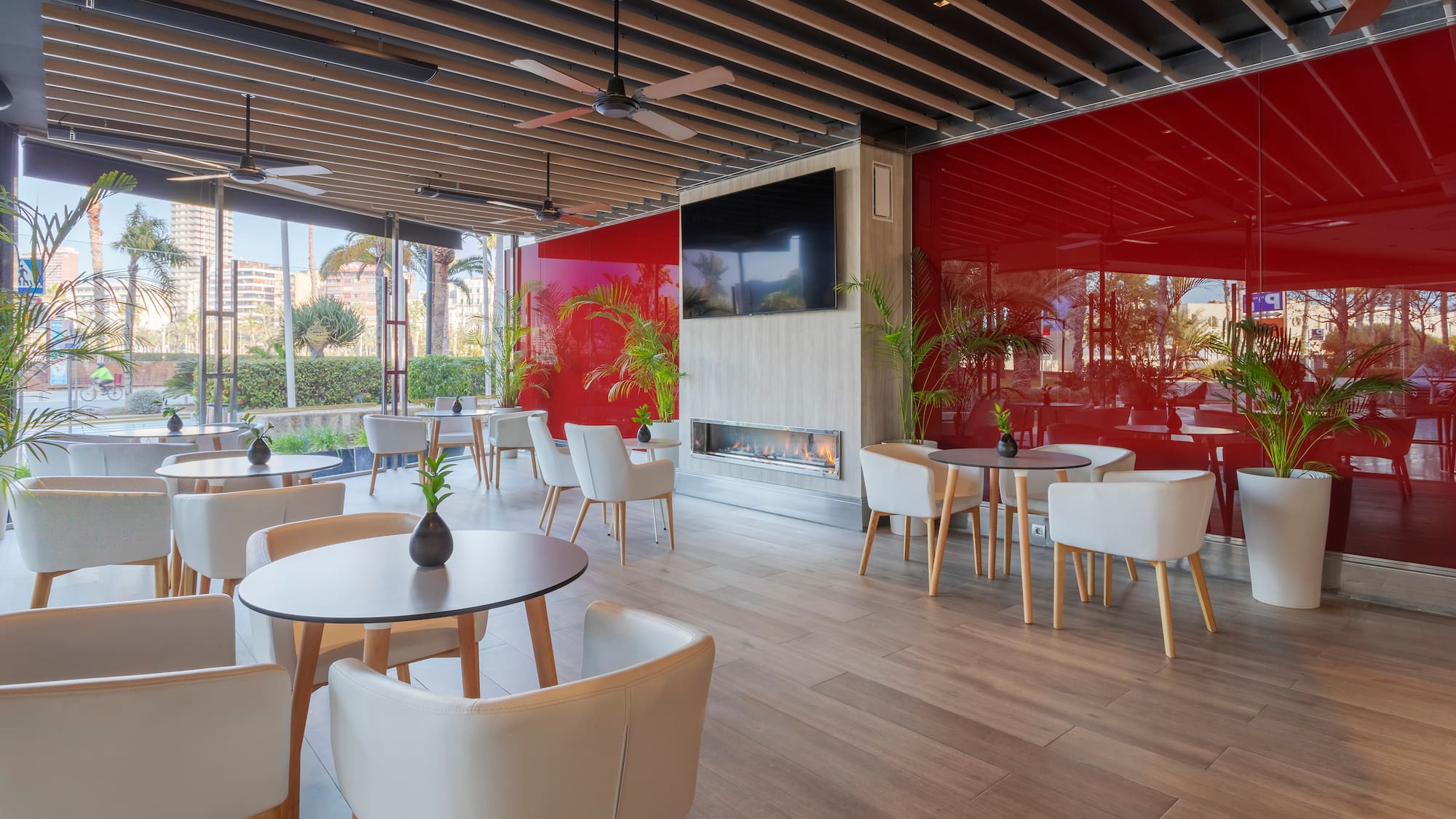 a room with tables and chairs