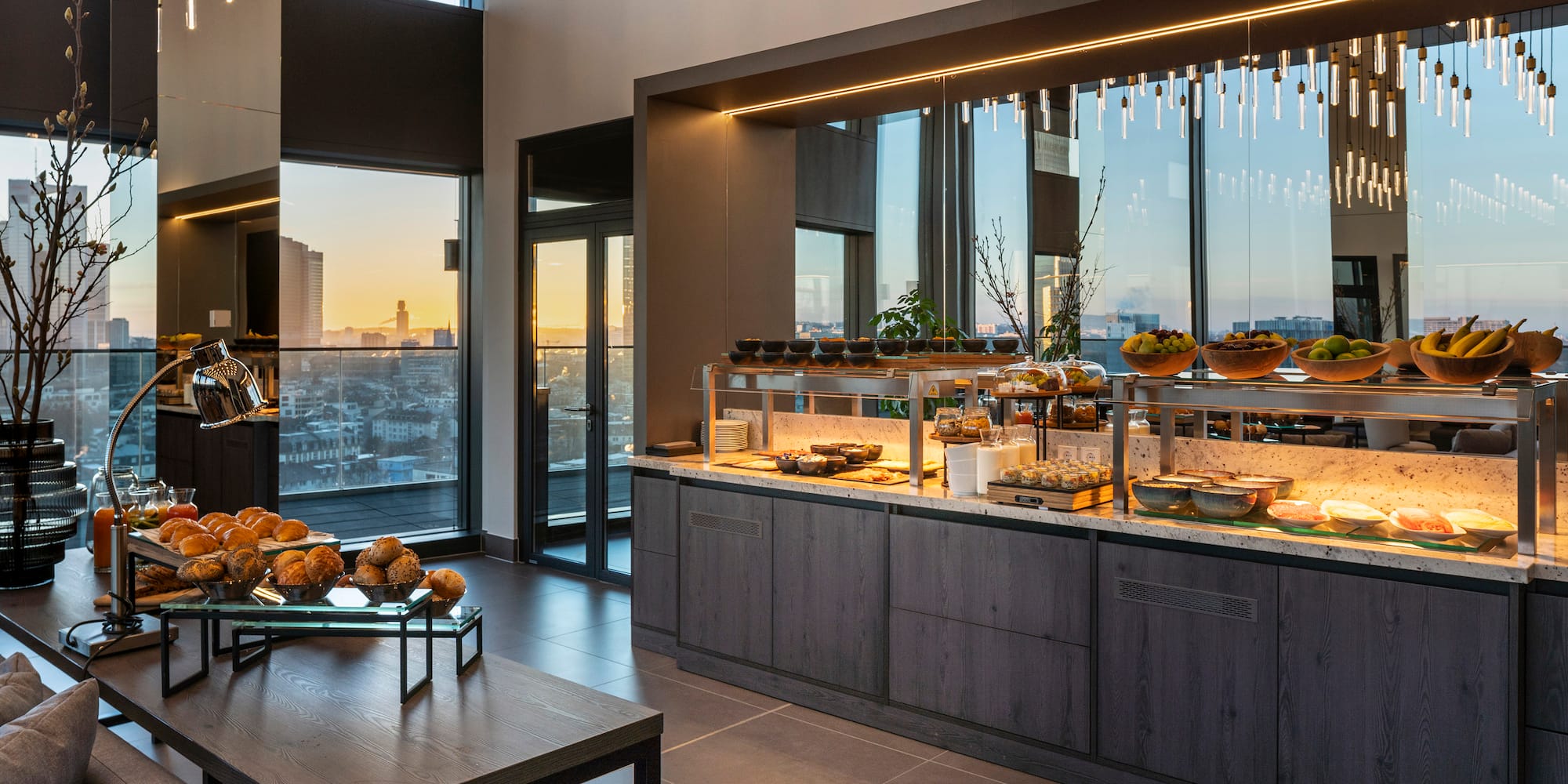 a buffet with food on the counter