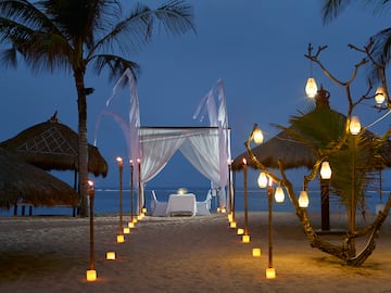 a beach with palm trees and a white tent