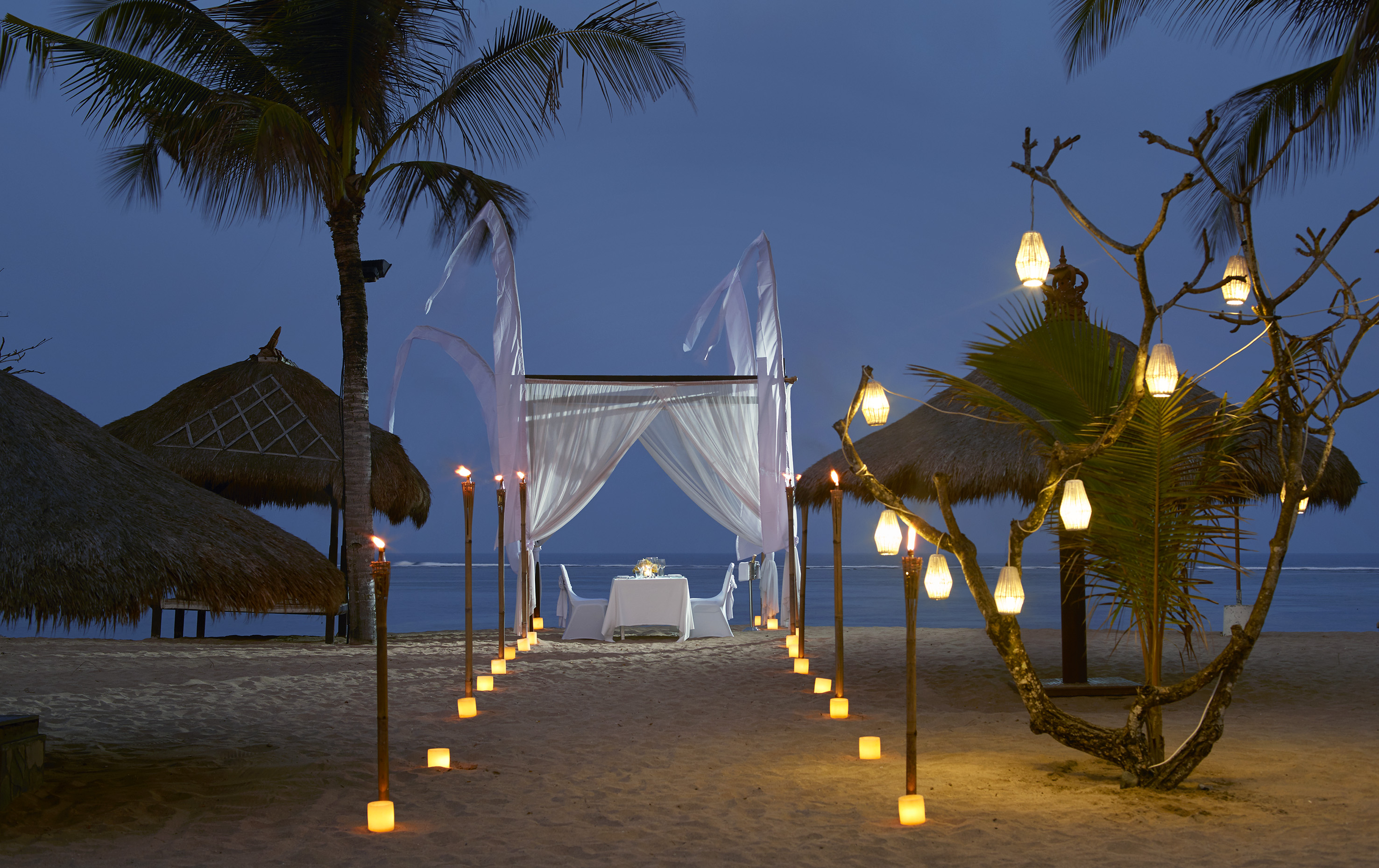 a beach with palm trees and a white tent