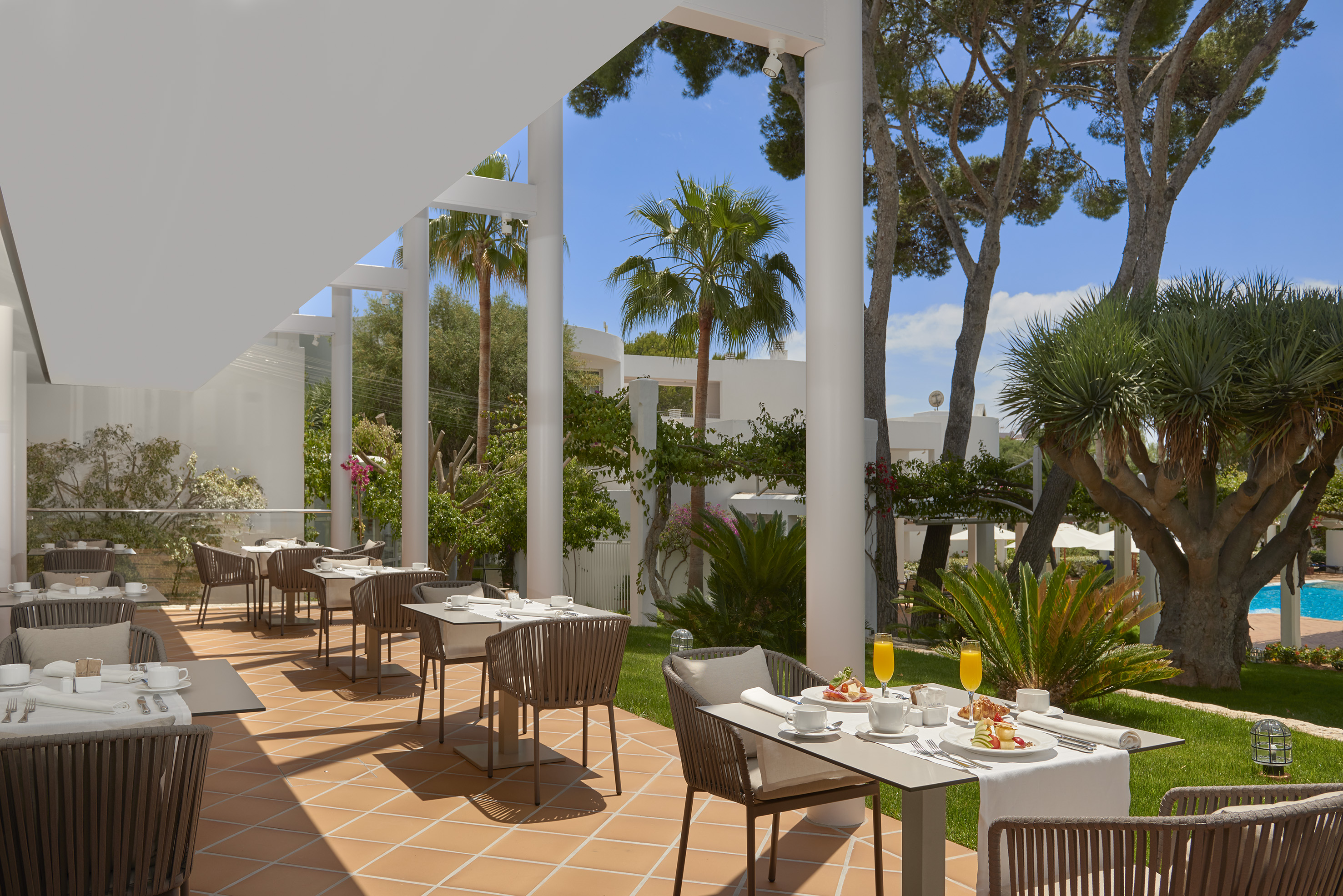 Sunny outdoor restaurant terrace with breakfast tables, palm trees, and white buildings.