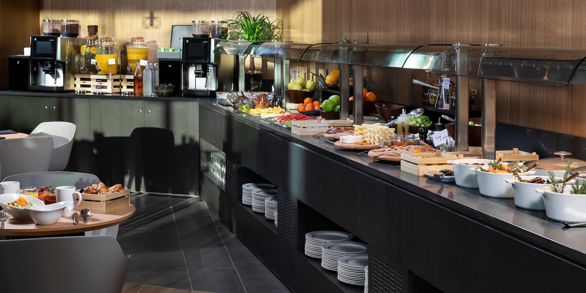 a buffet with food on the counter
