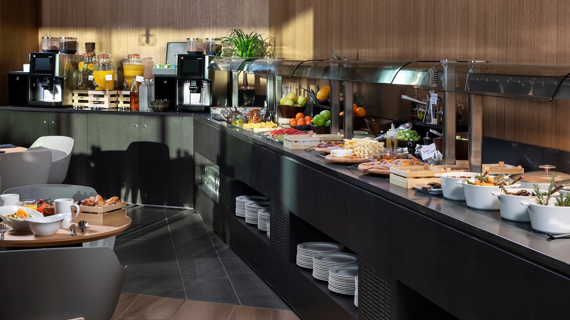 a buffet with food on the counter