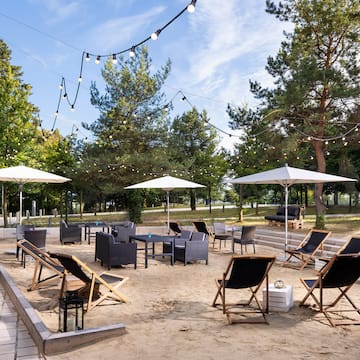 chairs and umbrellas in a park