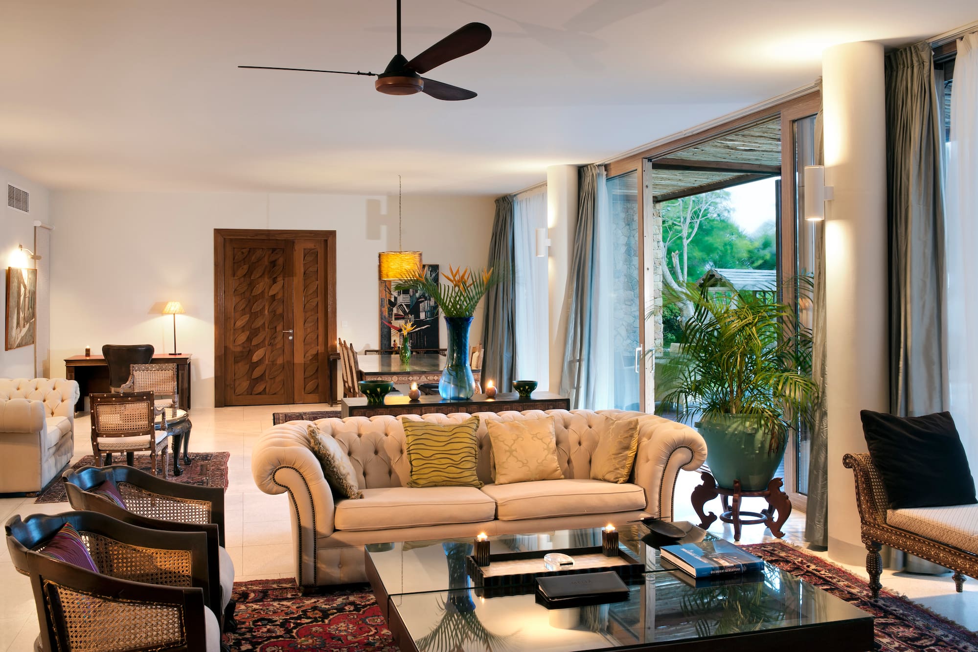 a living room with a couch and a table