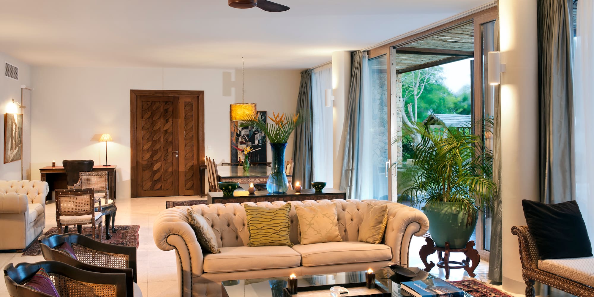 a living room with a couch and a table