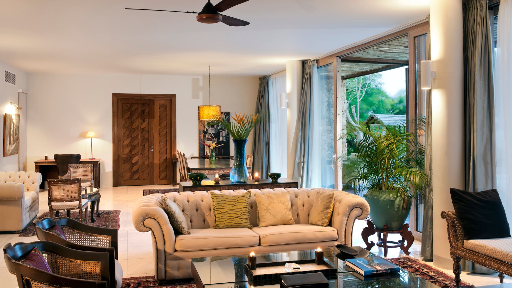 a living room with a couch and a table