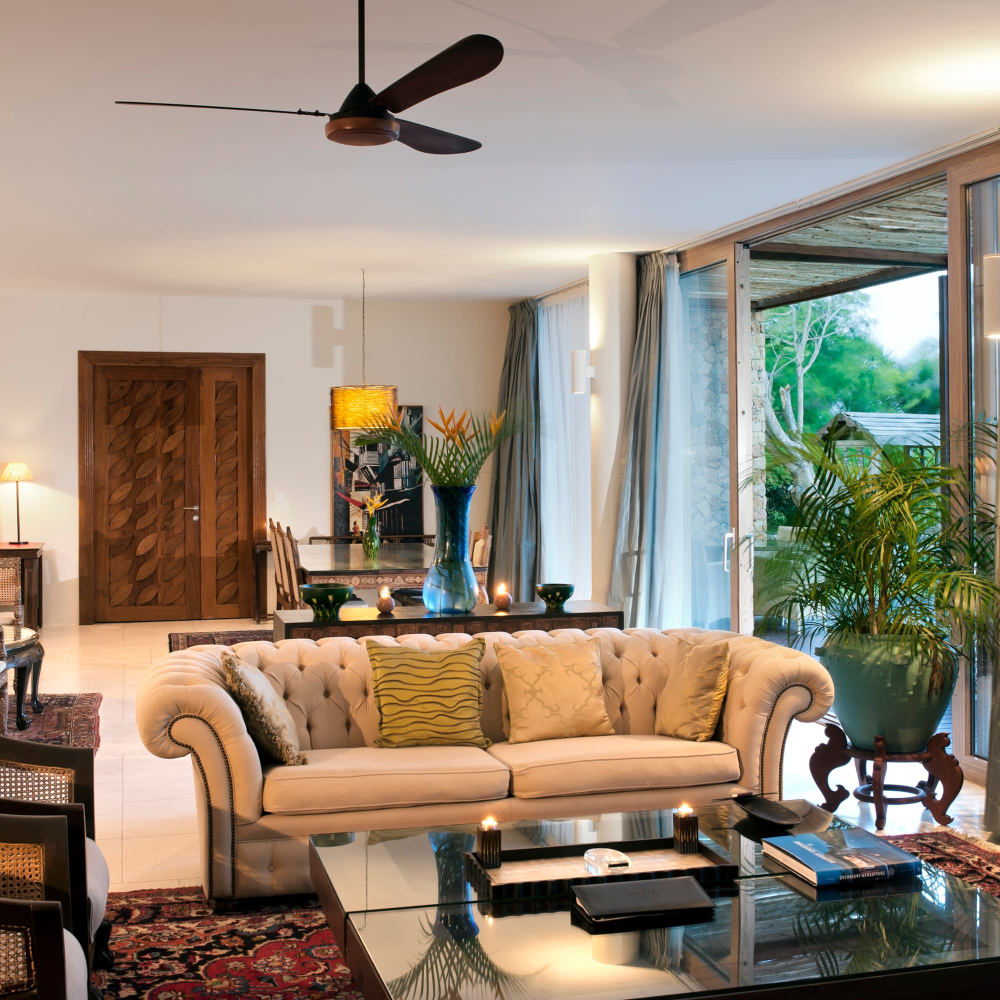 a living room with a couch and a table