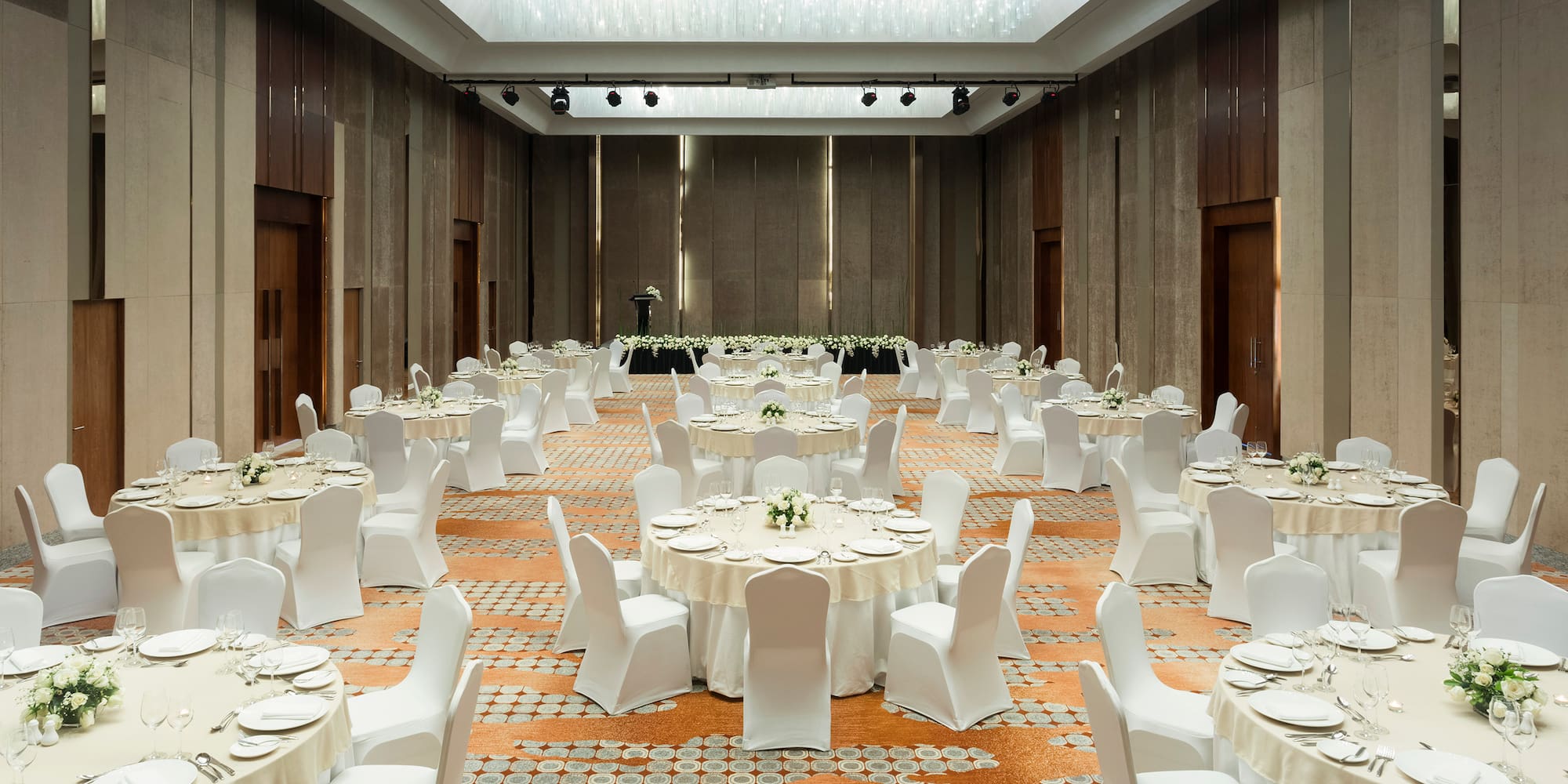 a large room with tables and chairs