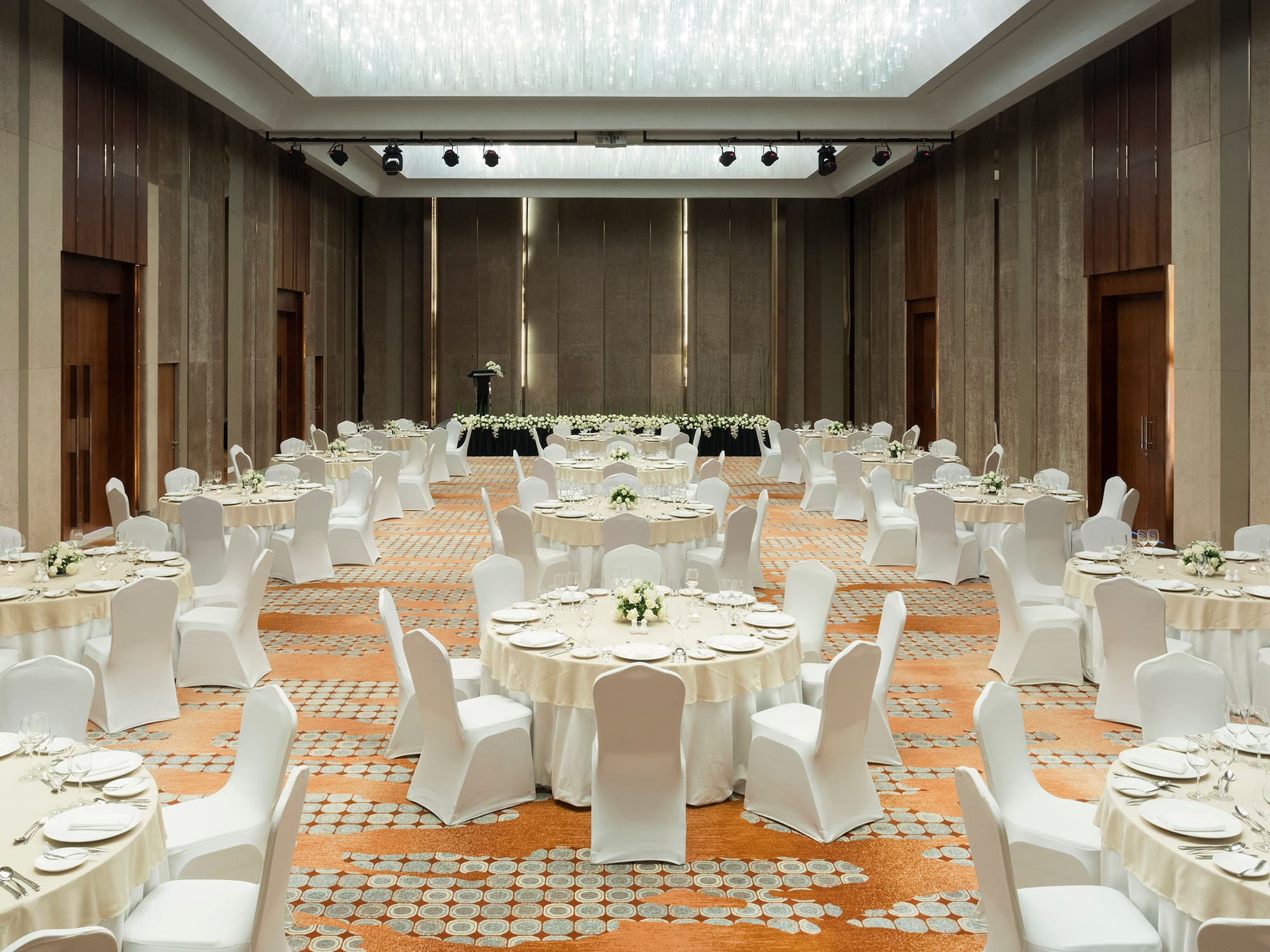 a large room with tables and chairs