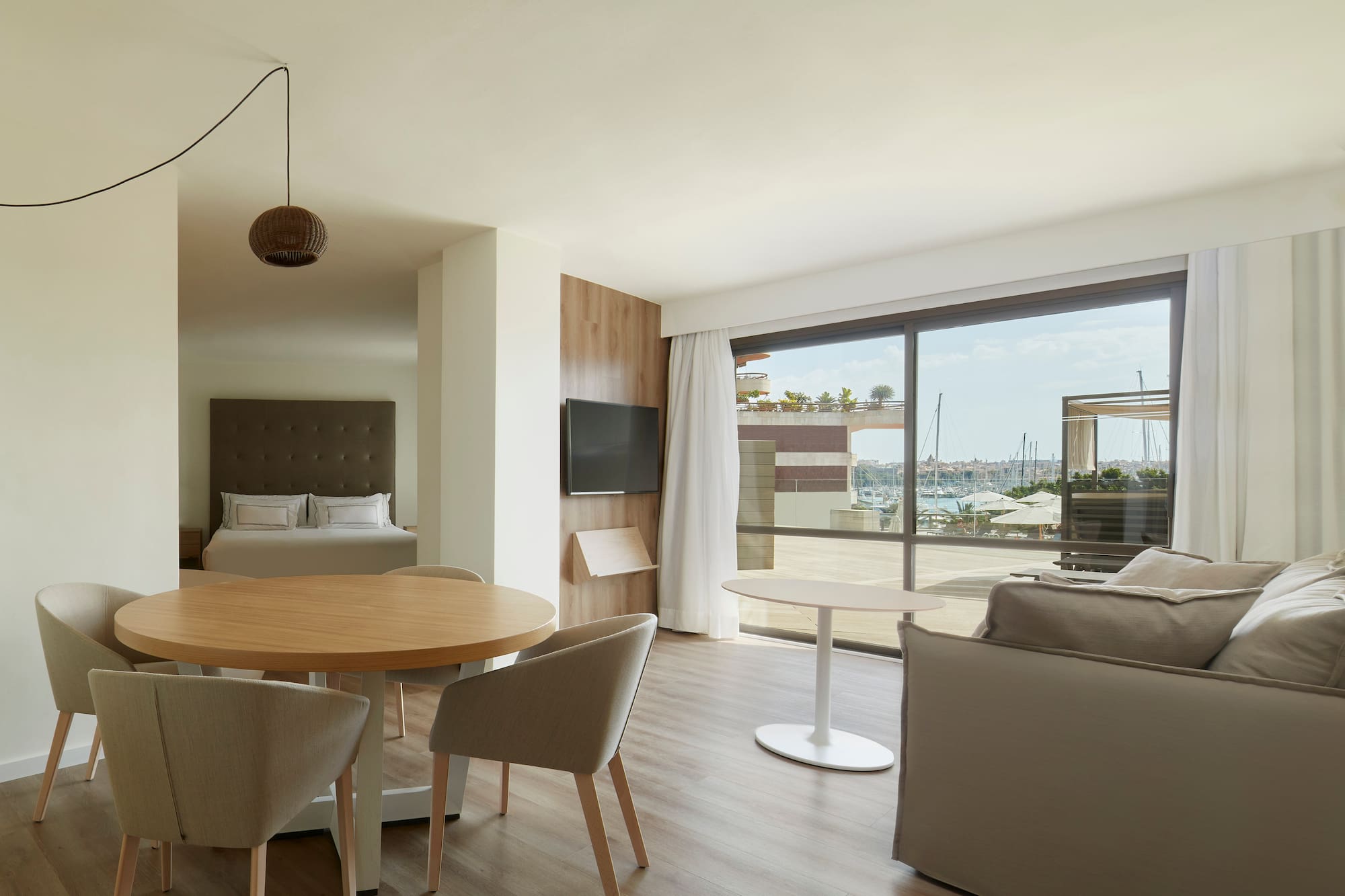 a room with a table and chairs