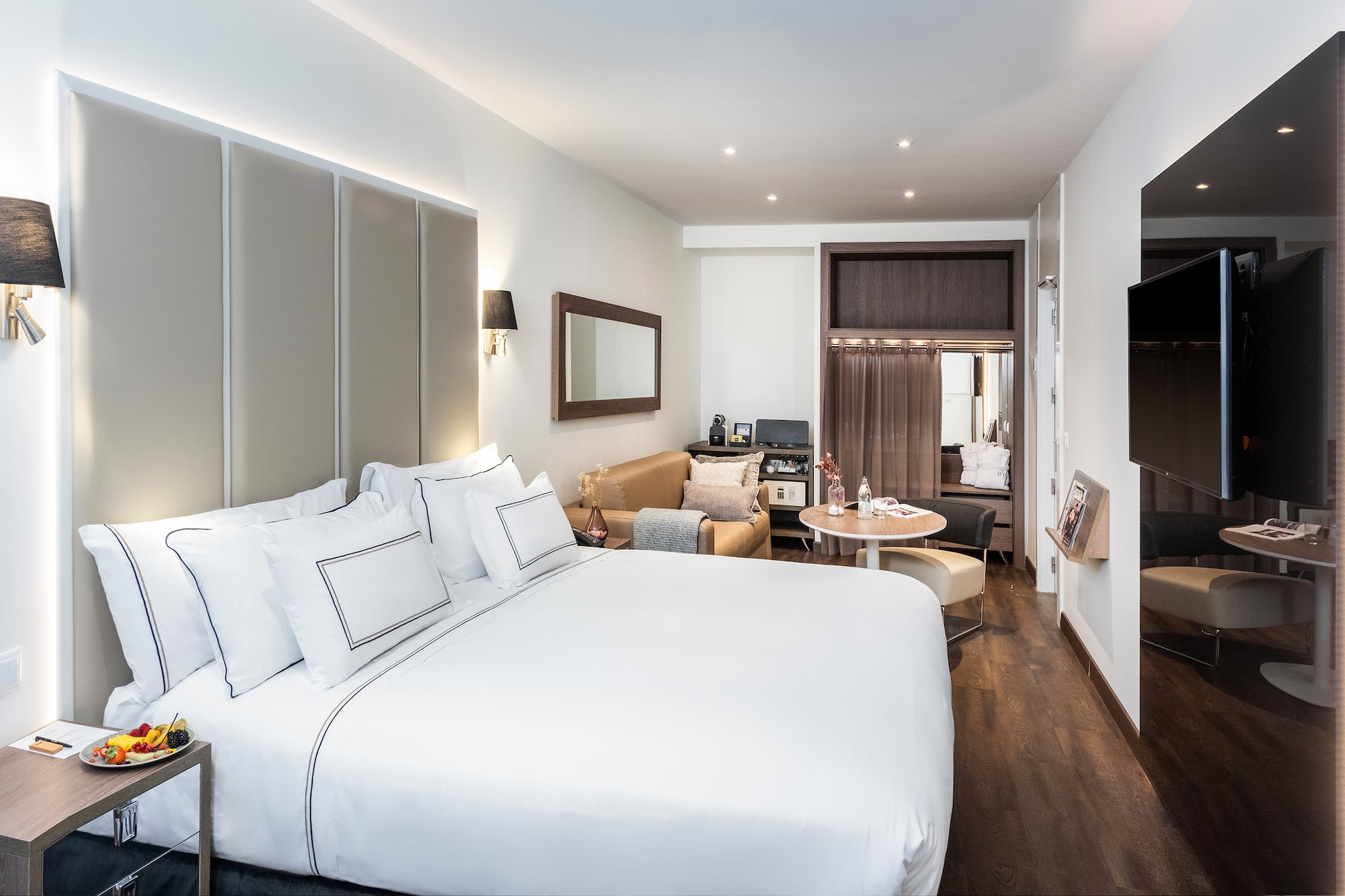 a room with a bed and a table