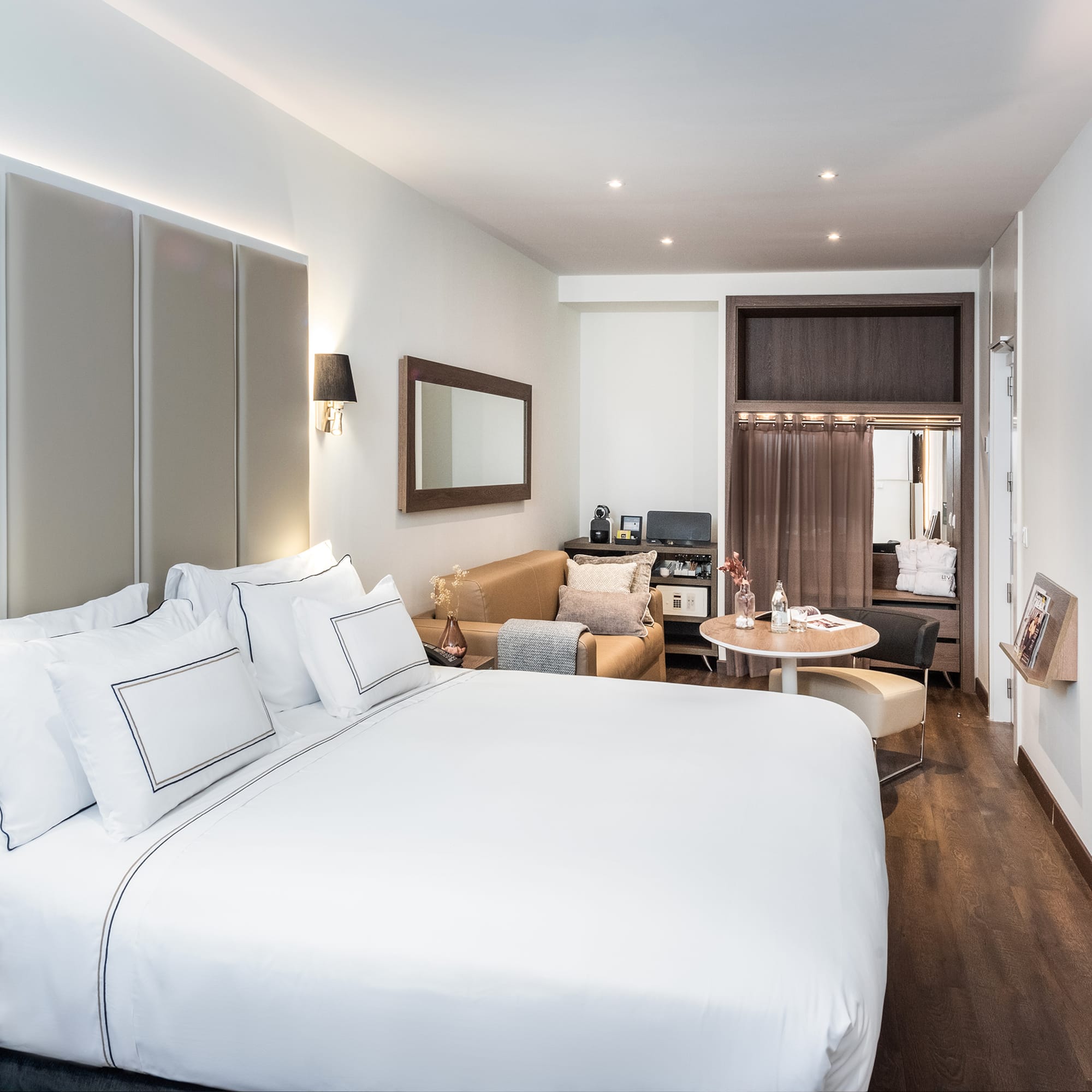 a room with a bed and a table