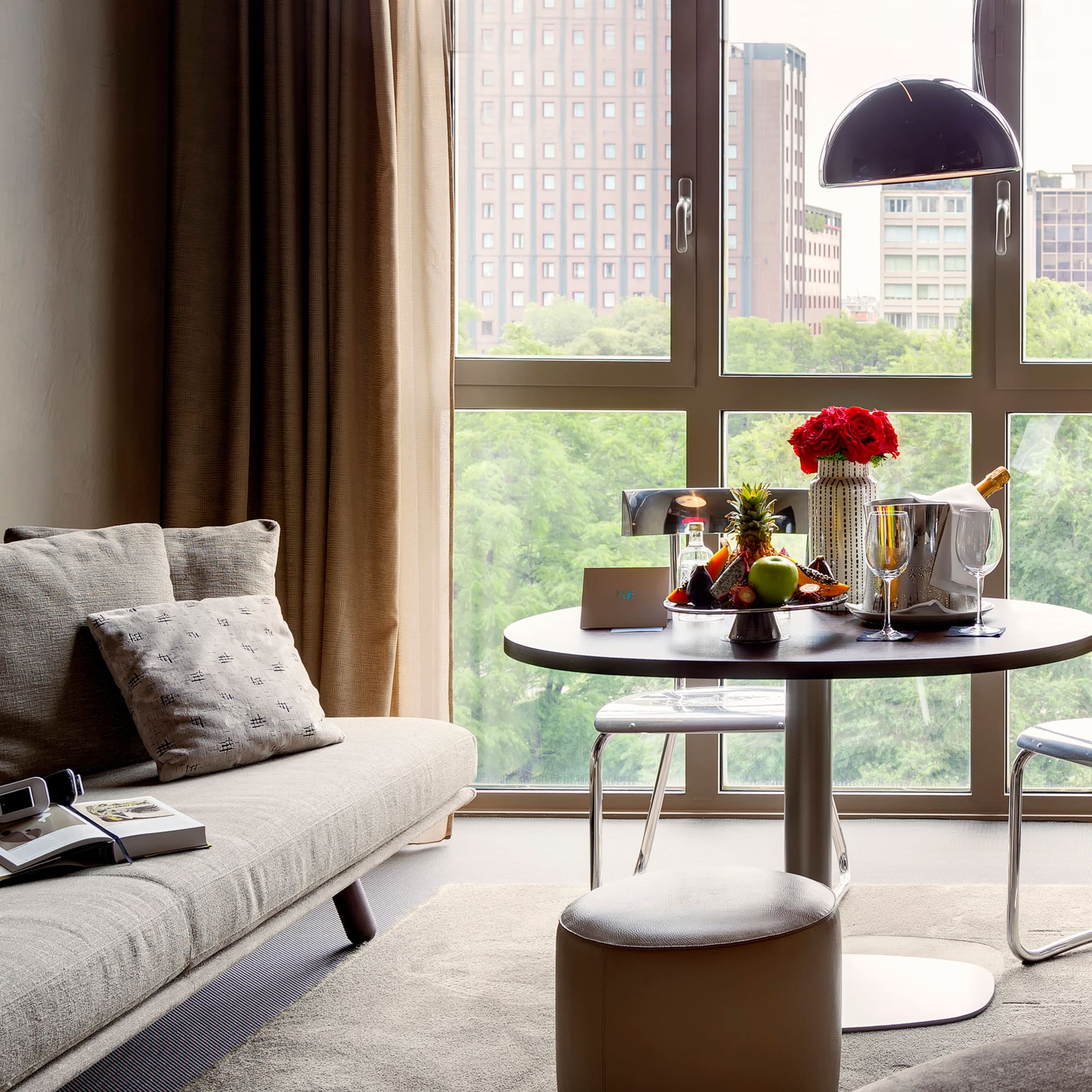 a living room with a couch and a table