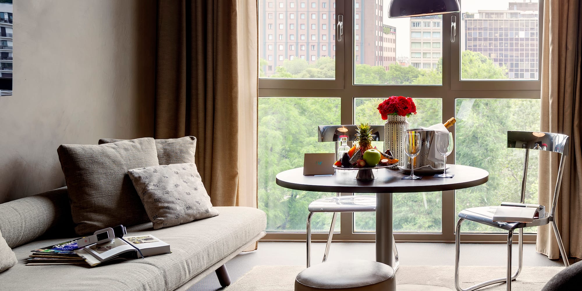 a living room with a couch and a table