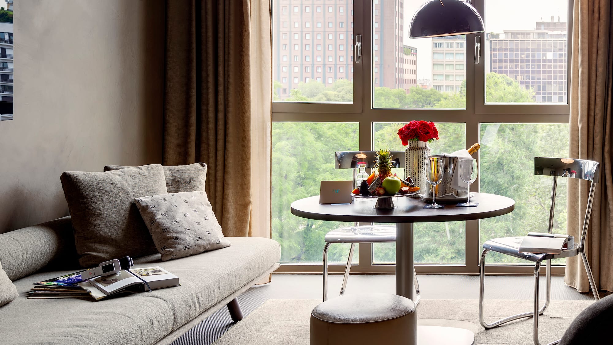 a living room with a couch and a table