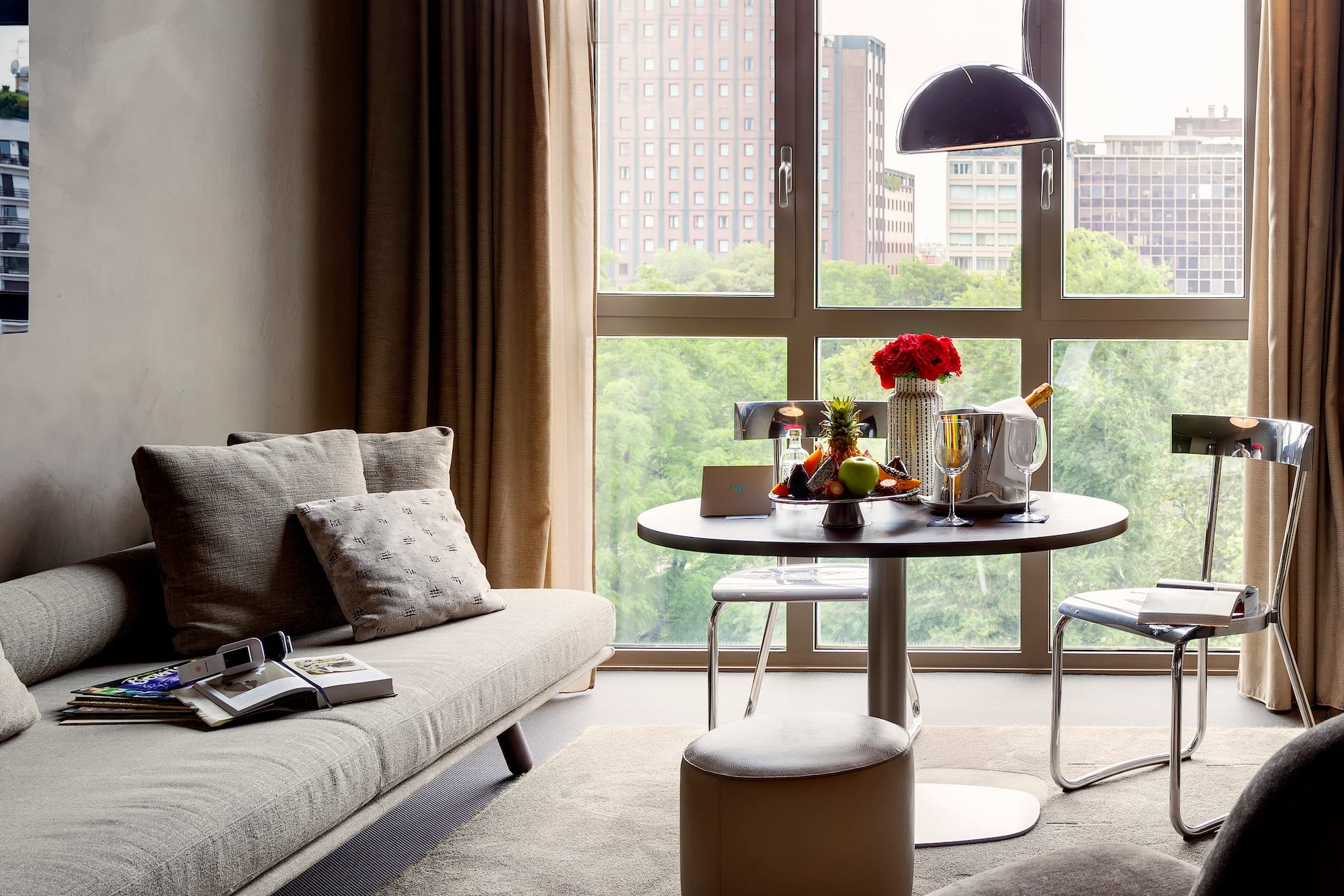 a living room with a couch and a table
