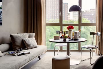 a living room with a couch and a table