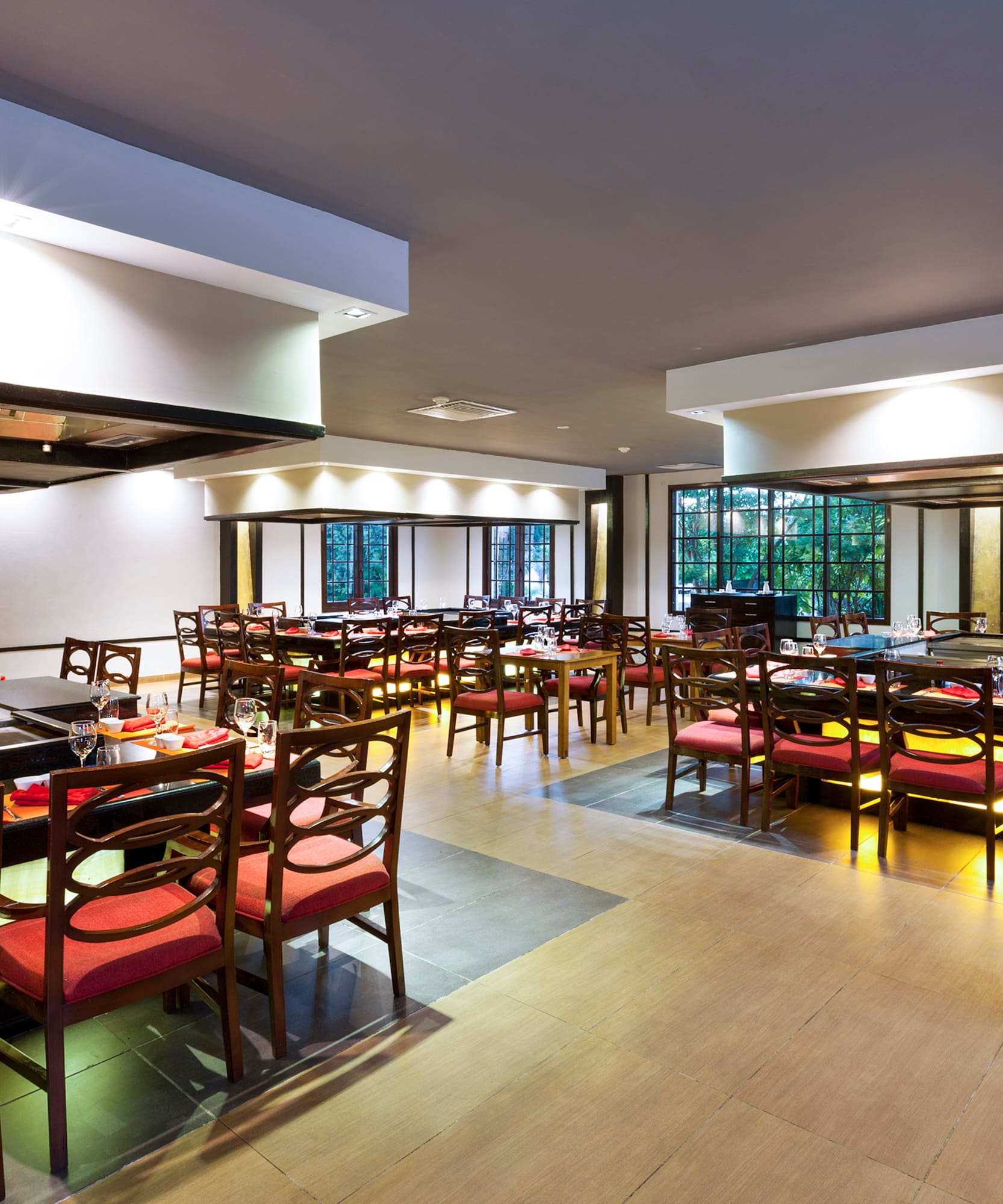 a room with tables and chairs