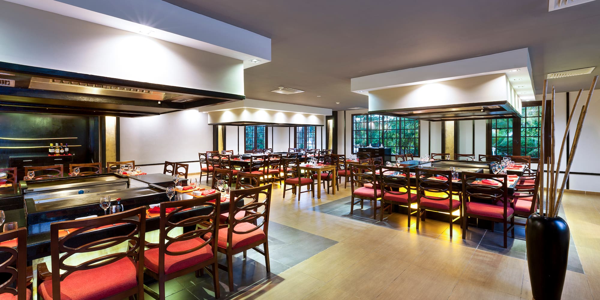 a room with tables and chairs