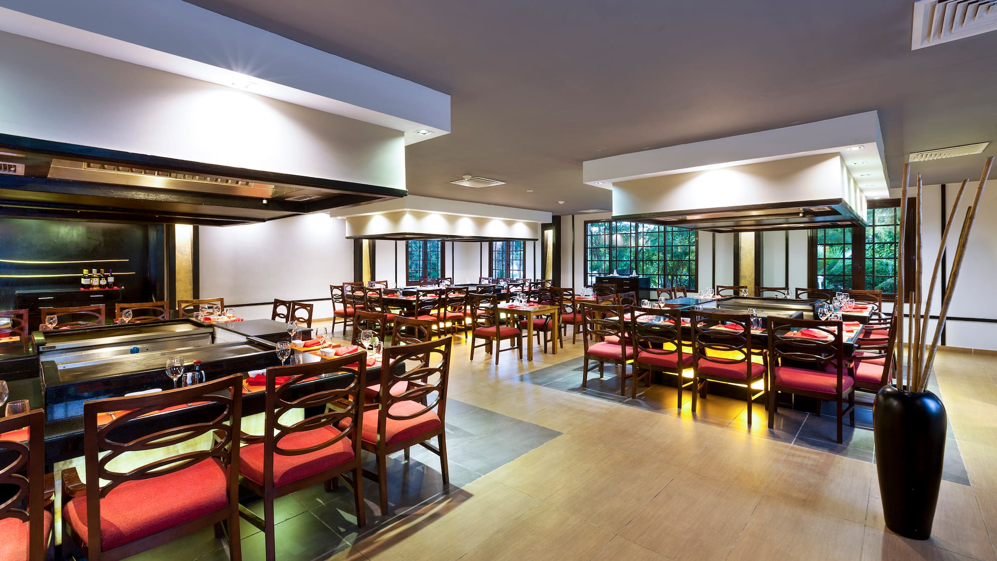 a room with tables and chairs