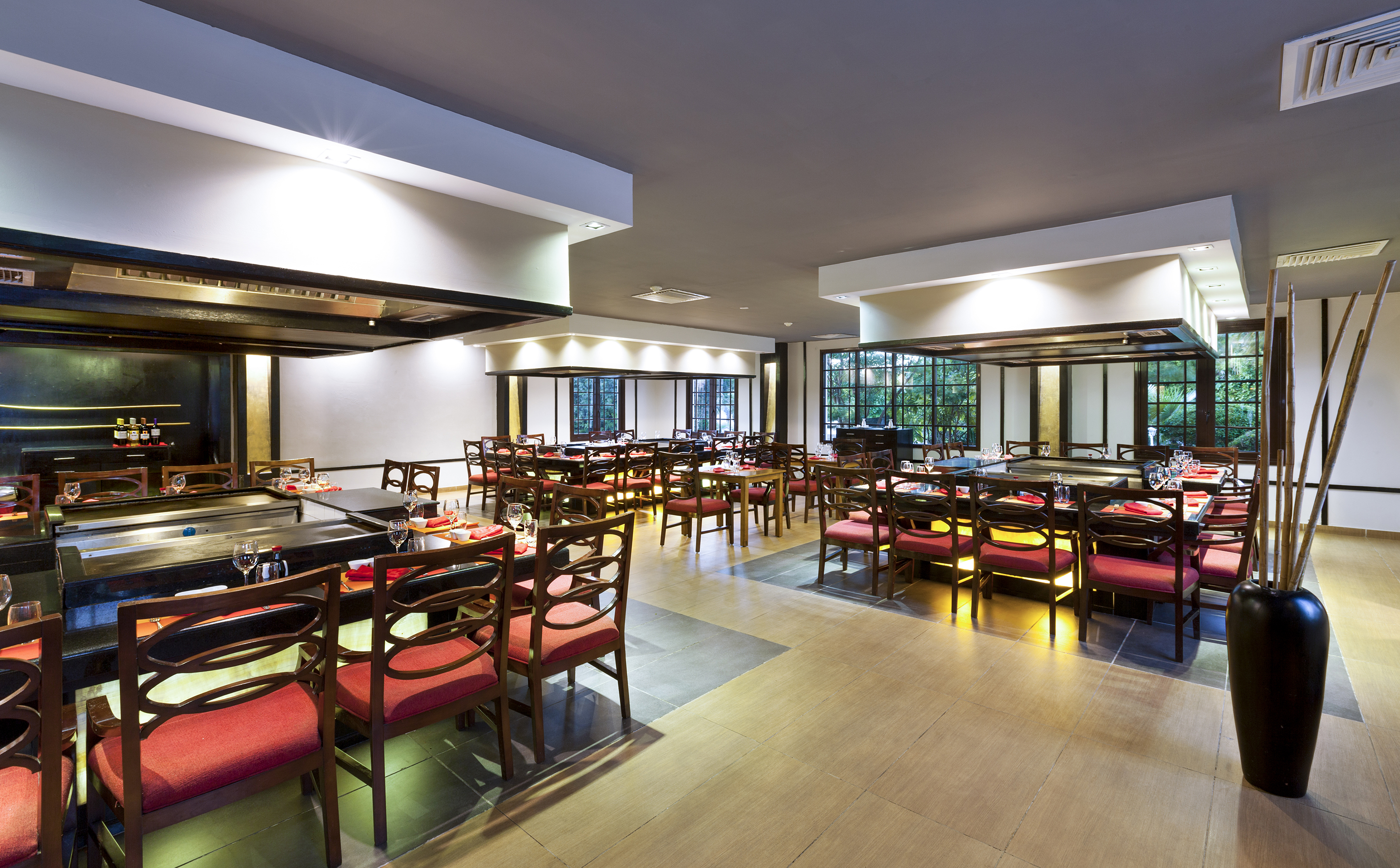 a room with tables and chairs