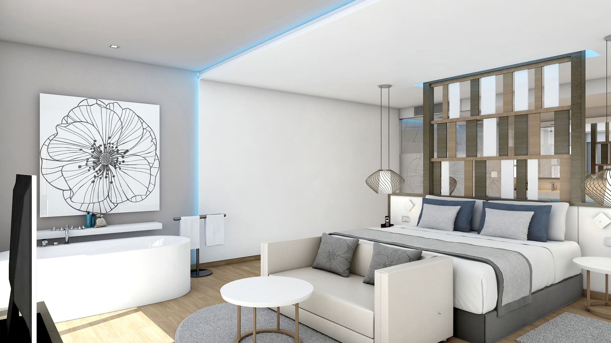 a bedroom with a bed and bathtub