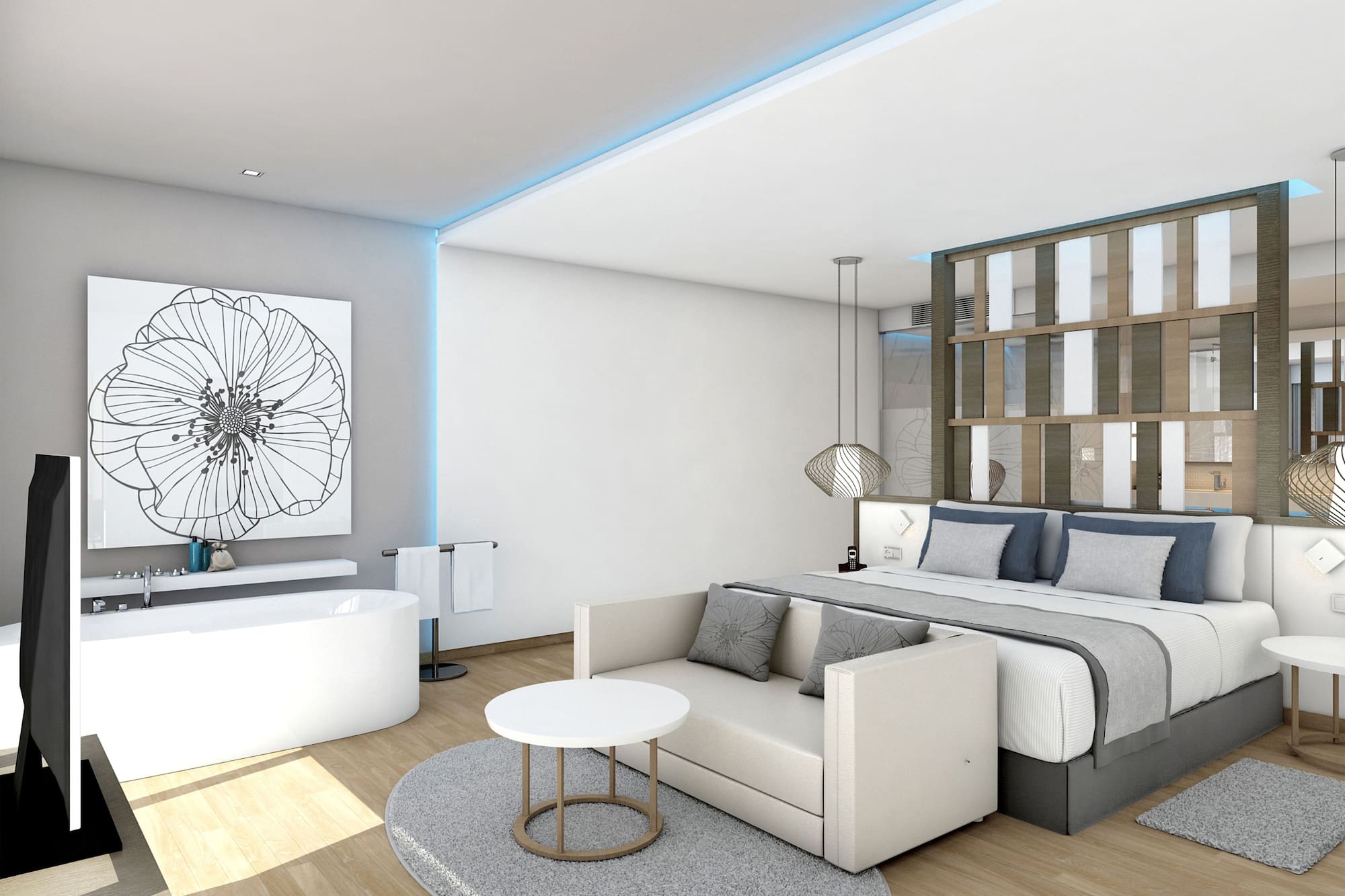 a bedroom with a bed and bathtub