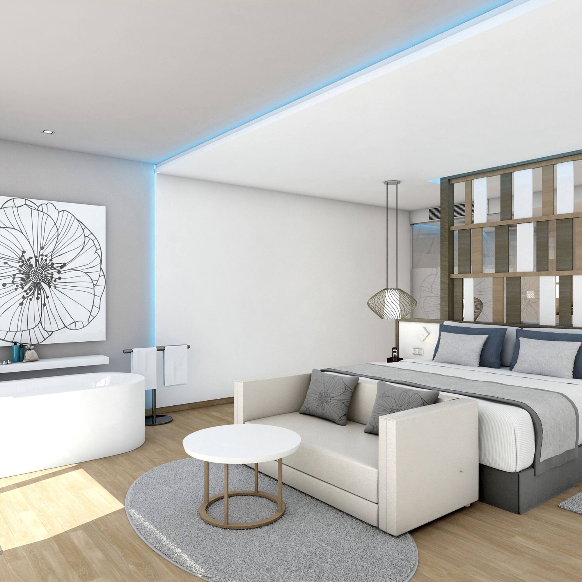 a bedroom with a bed and bathtub