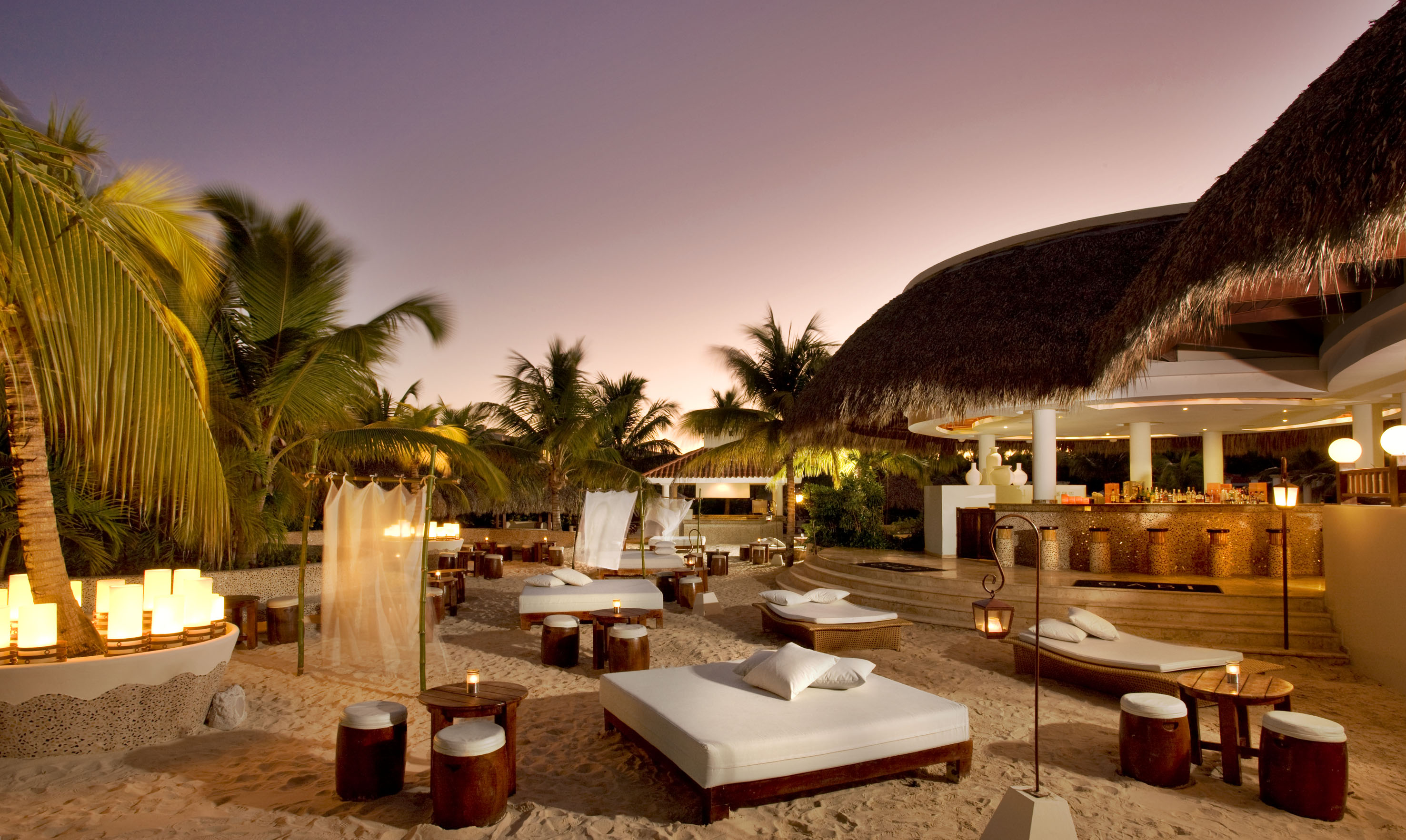 Tropical beach bar and lounge at sunset with palm trees and daybeds.