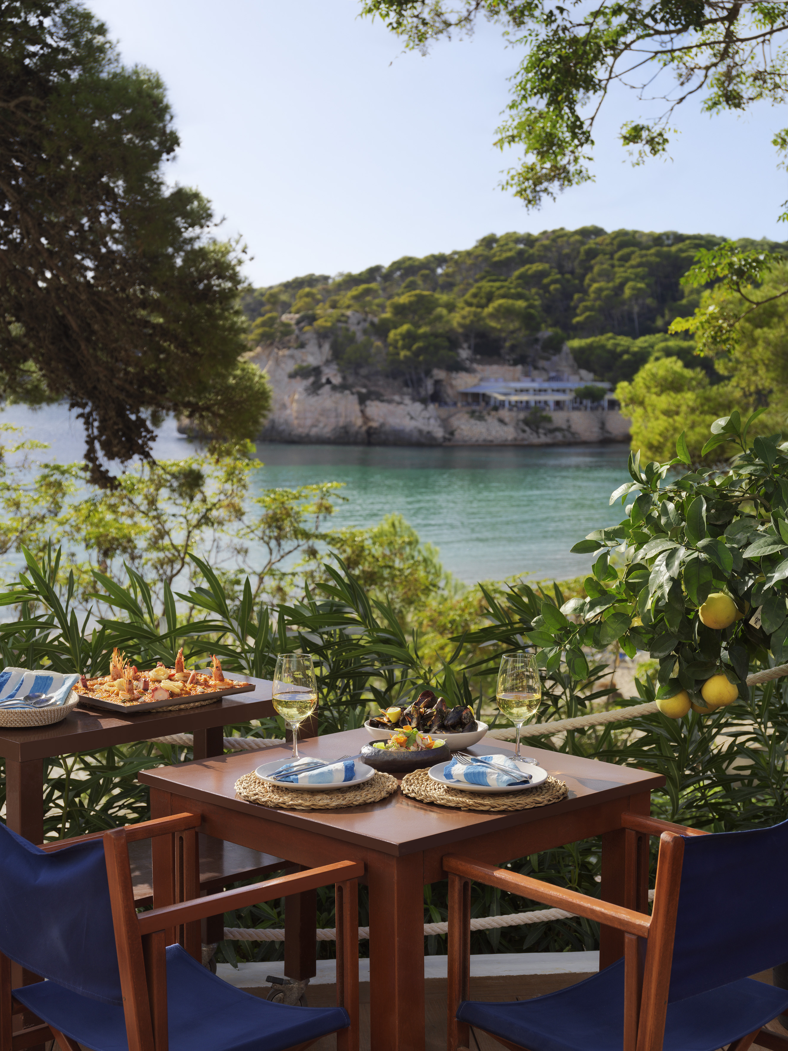 Outdoor dining table with seafood and wine overlooking a turquoise Mediterranean cove.