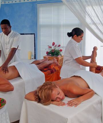a group of people getting massage
