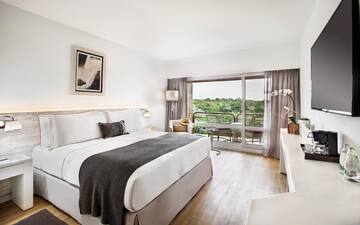 a bedroom with a large bed and a glass door