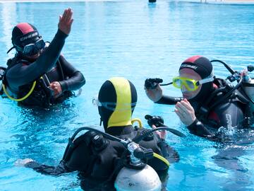 a group of people in scuba gear in a pool