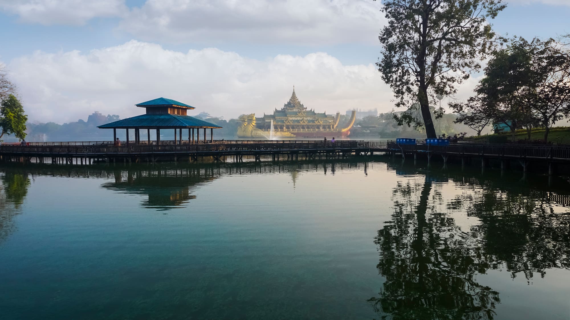 a dock with a building in the background
