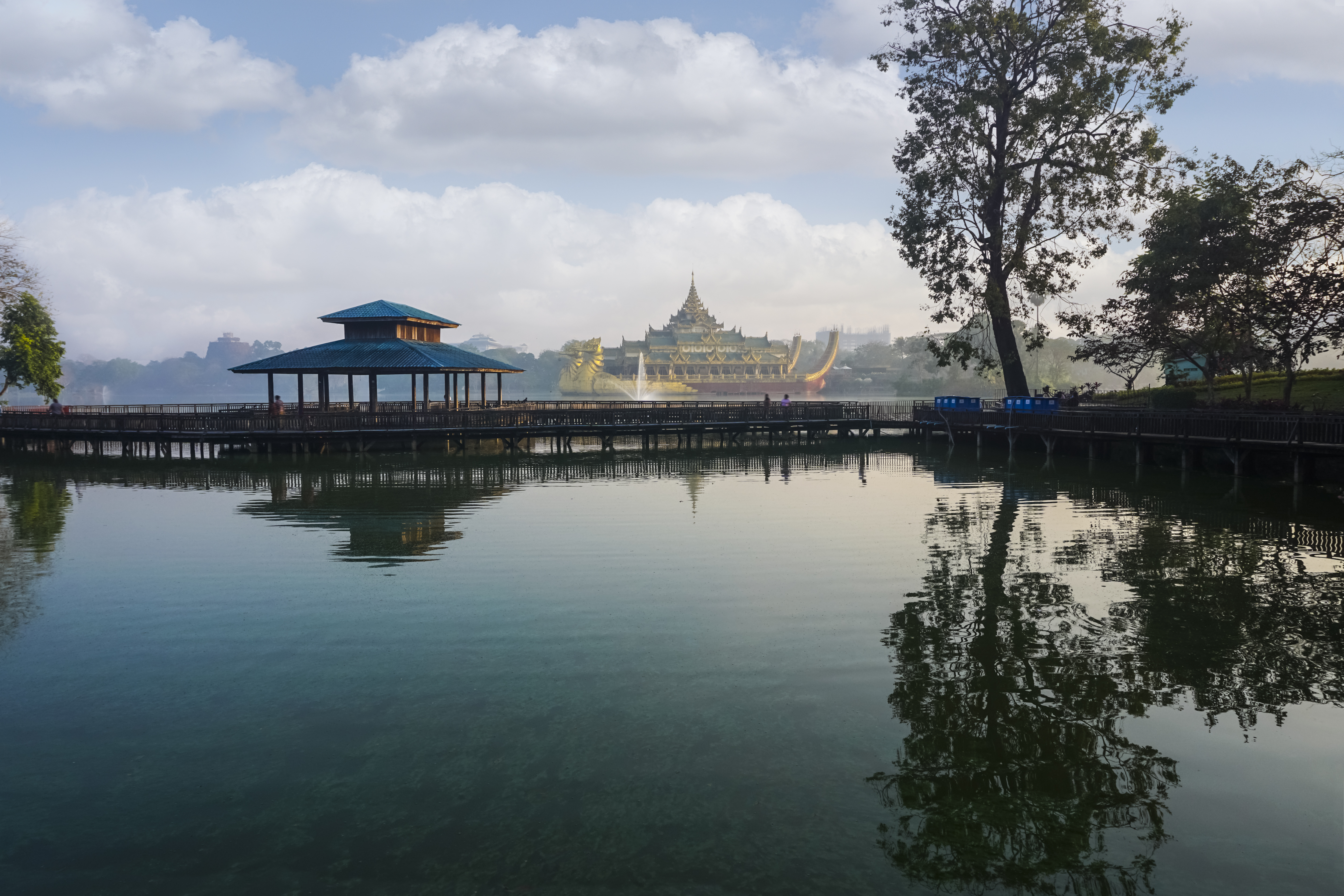 a dock with a building in the background