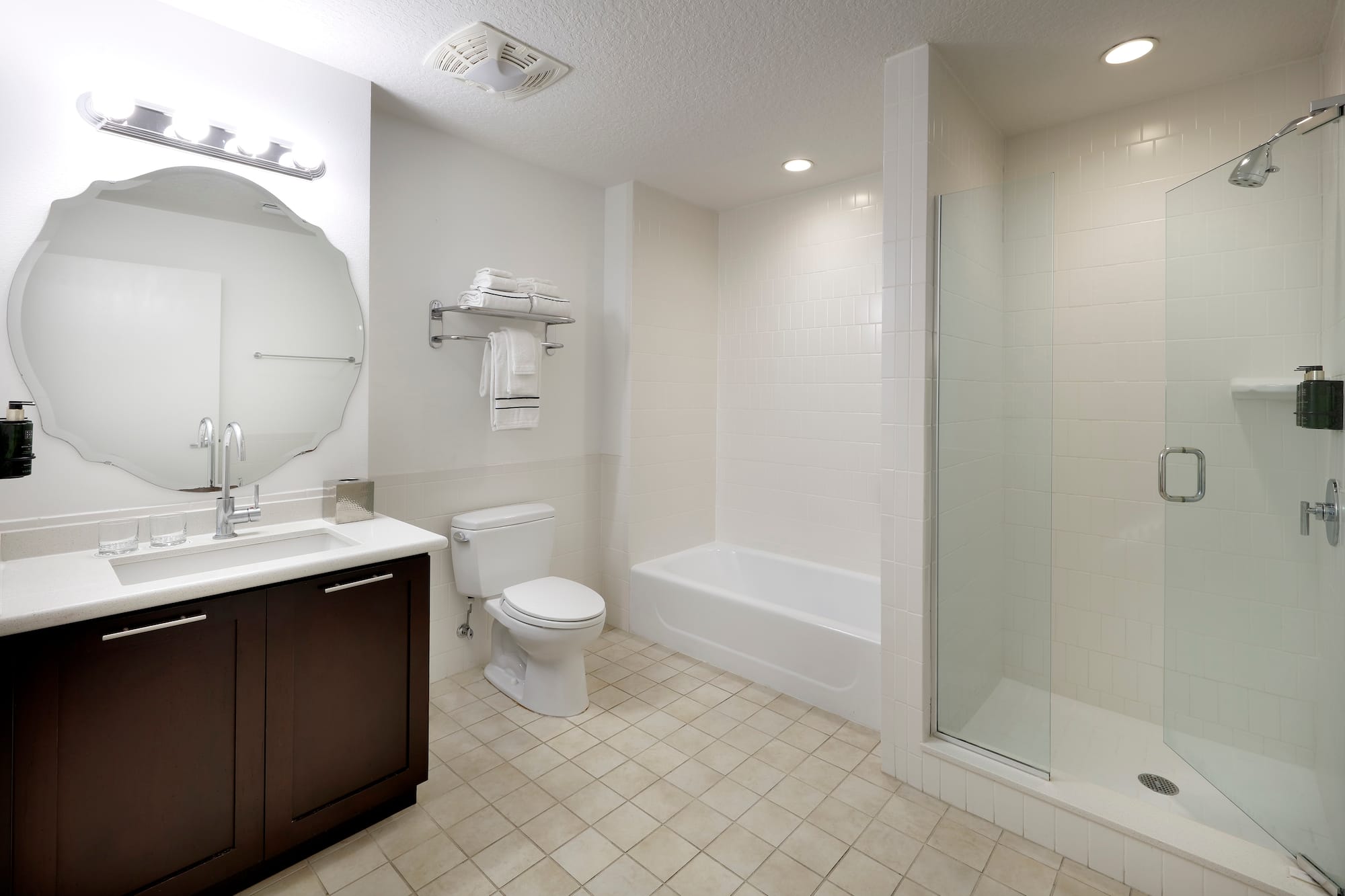 a bathroom with a shower and toilet