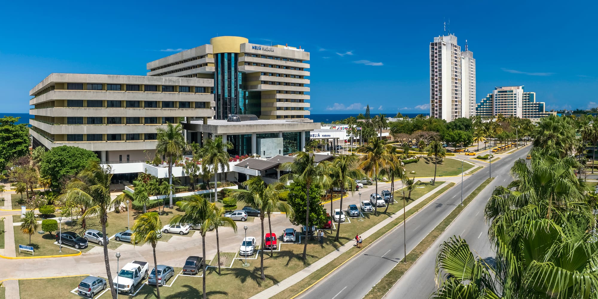 a large building with palm trees and a road