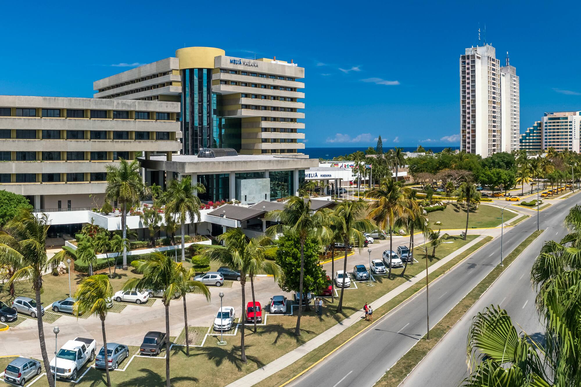 a large building with palm trees and a road