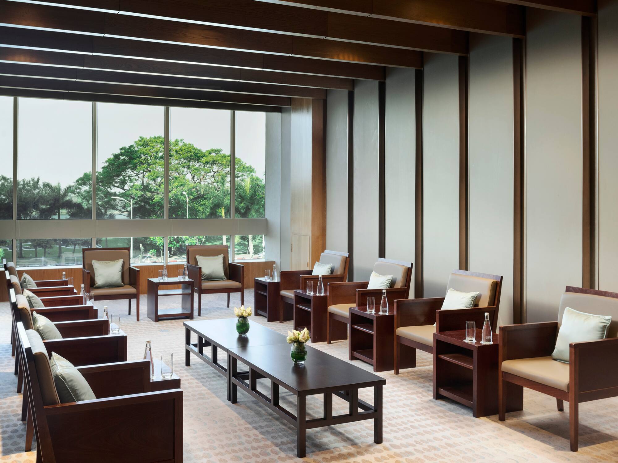 a room with chairs and tables