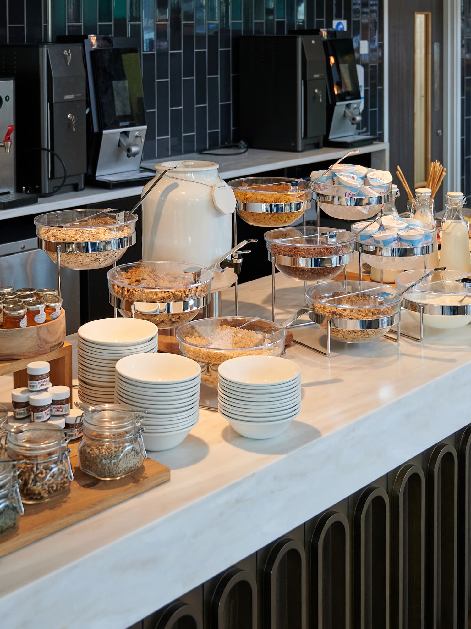 a buffet table with food on it