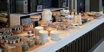 a buffet table with food on it