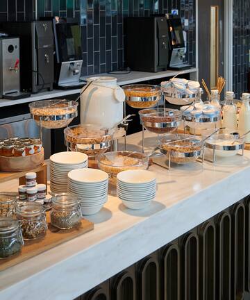a buffet table with food on it
