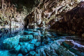 a cave with clear blue water