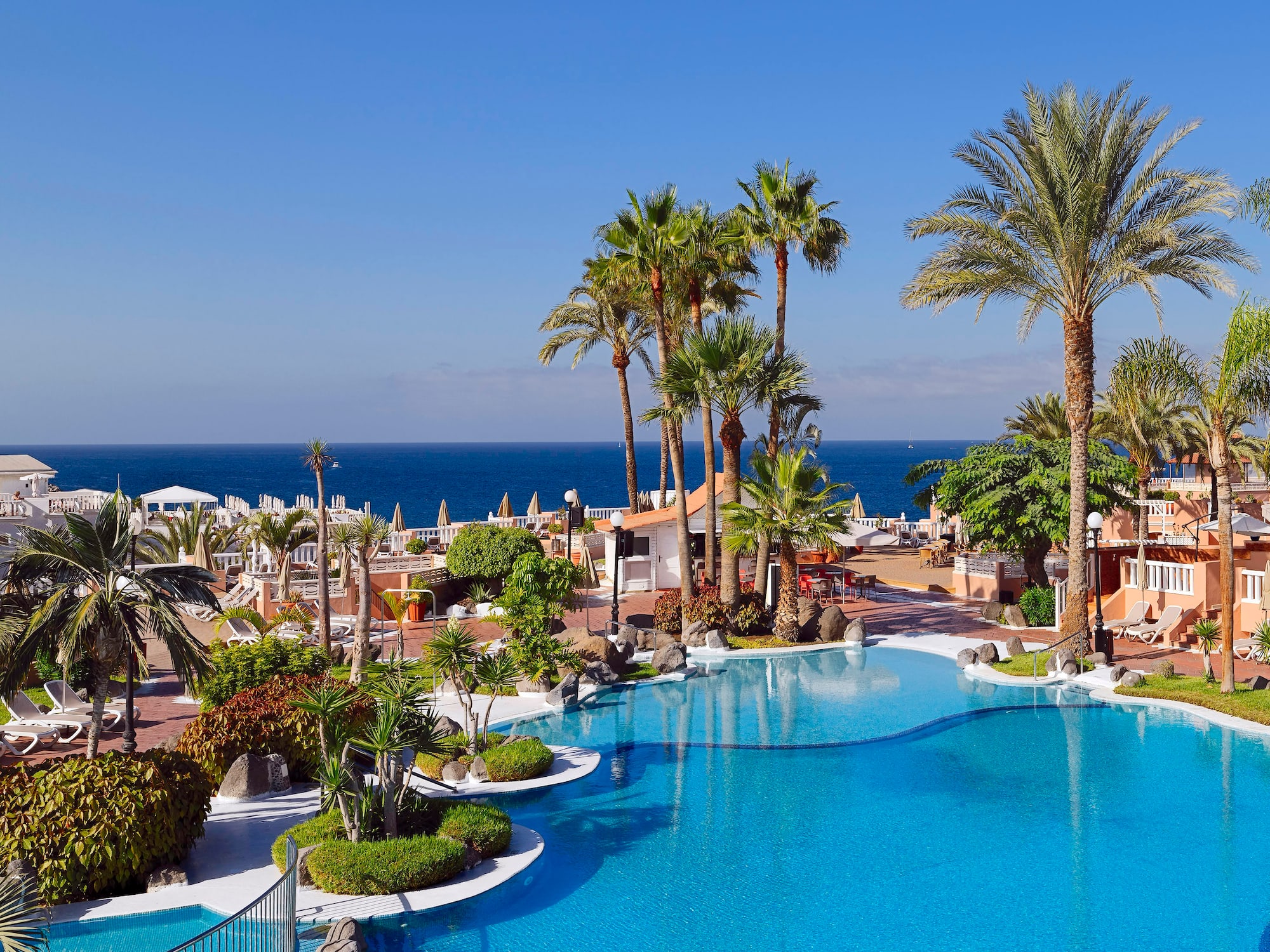 a pool with palm trees and a beach