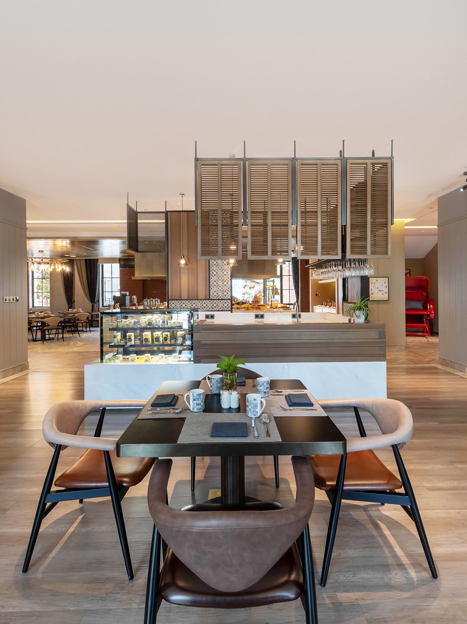 a room with a table and chairs