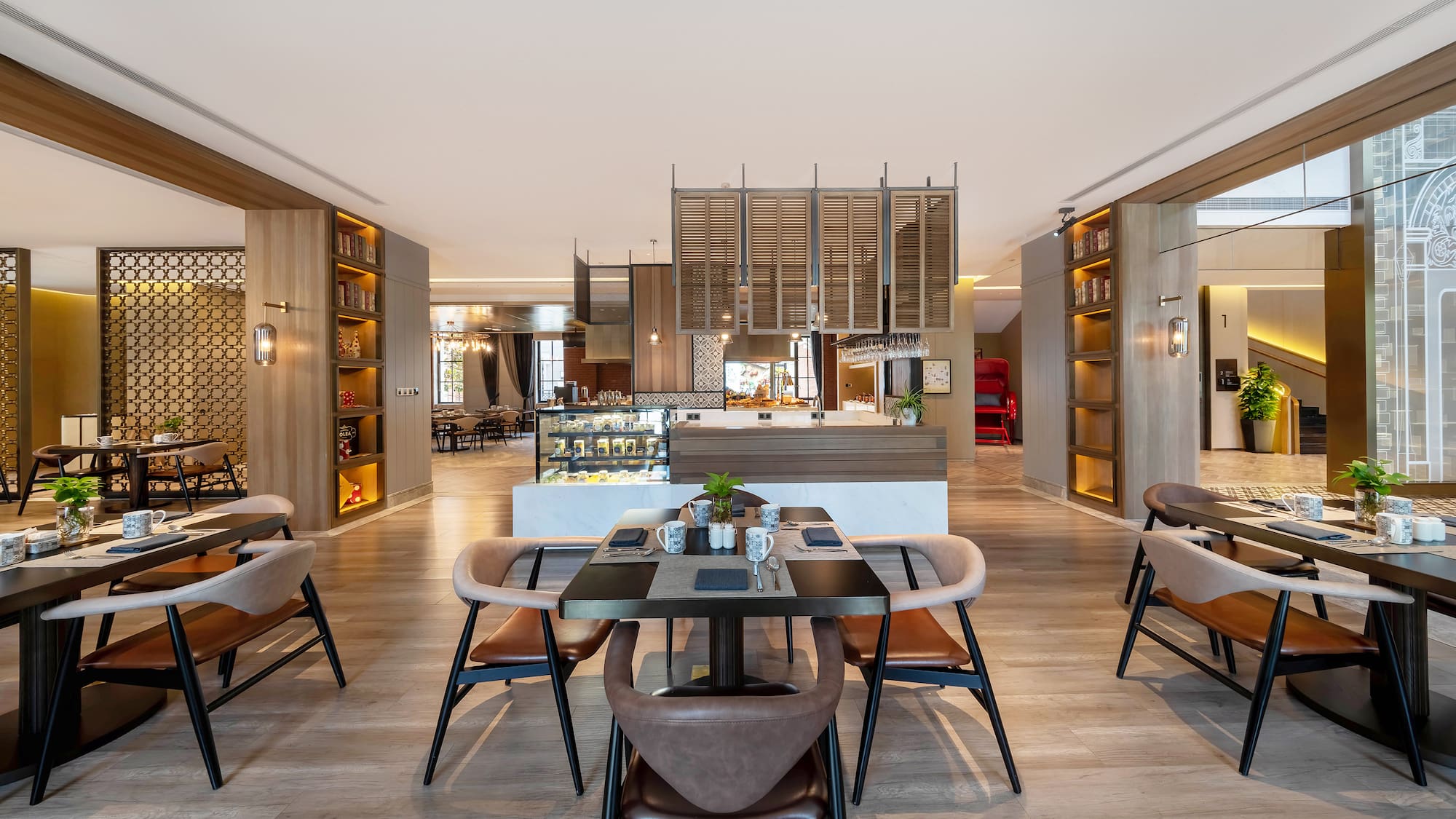 a room with a table and chairs