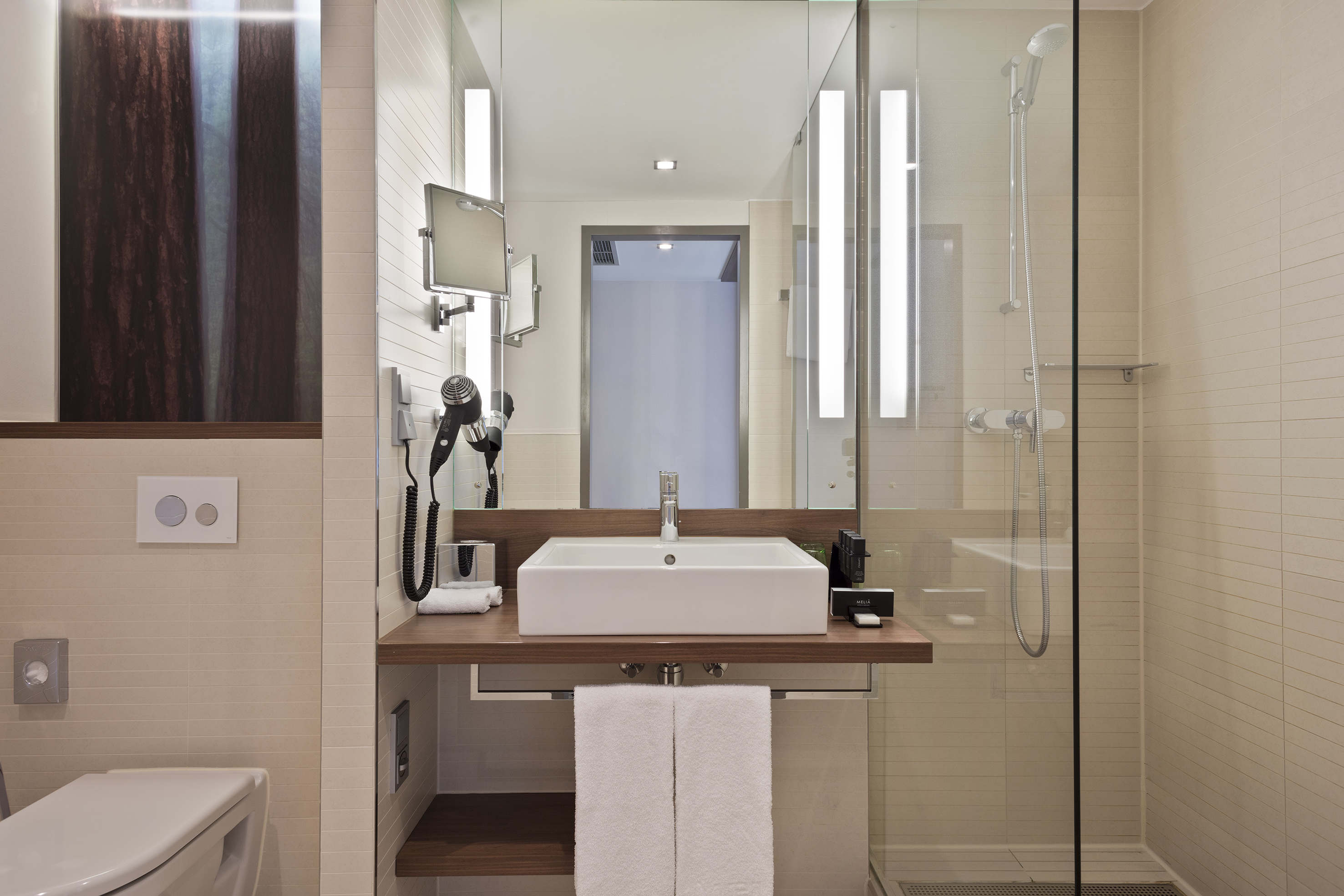 Clean, modern hotel bathroom with sink, mirror, hair dryer, and glass shower.