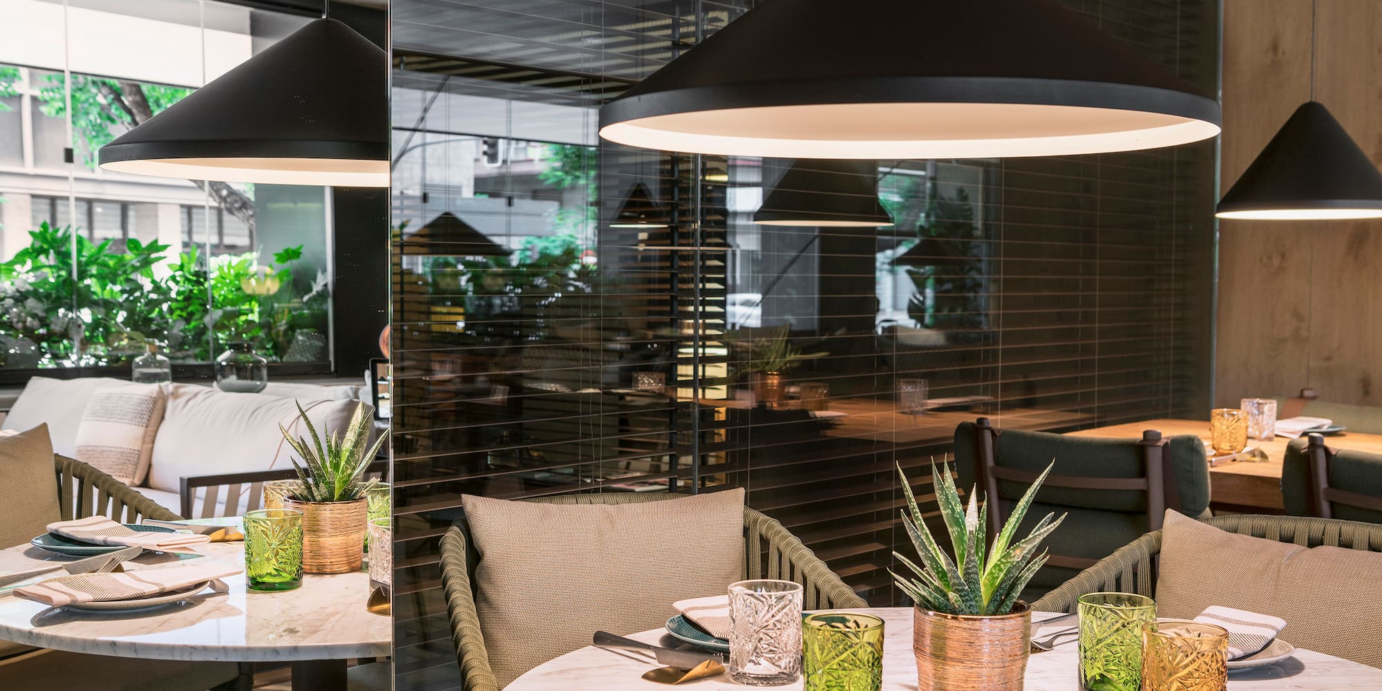 a table with chairs and a plant on it