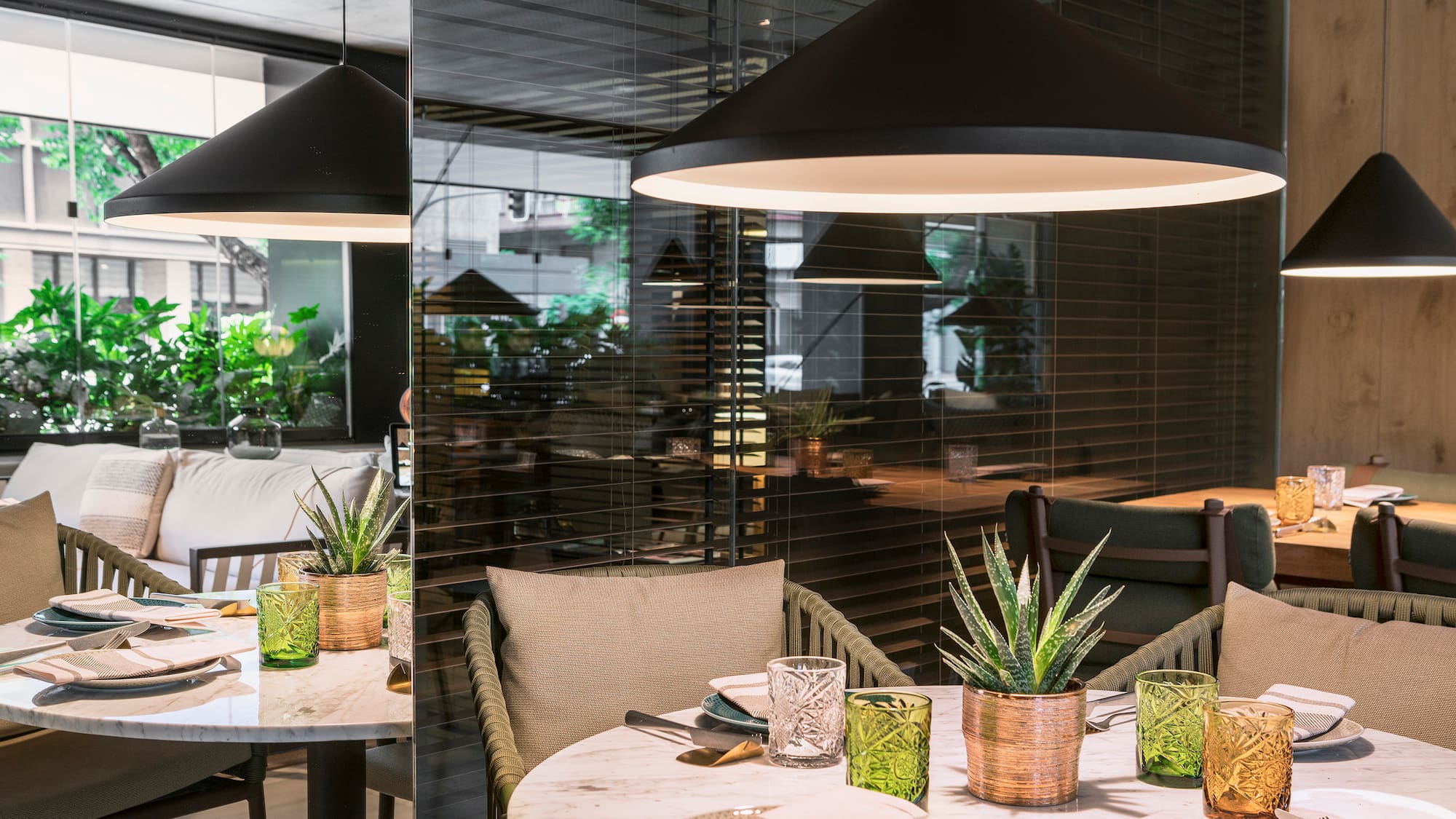 a table with chairs and a plant on it